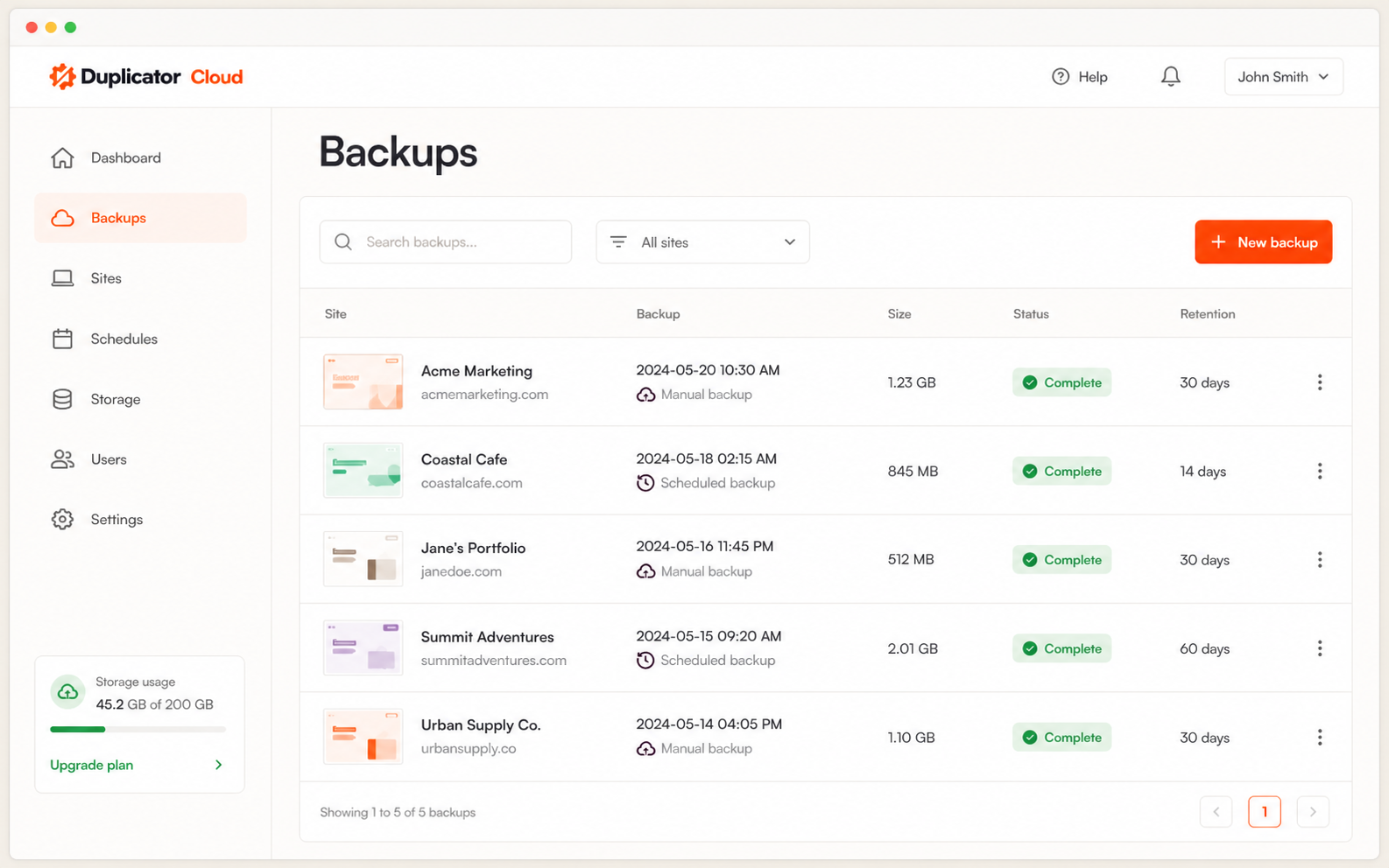 Flat Duplicator Cloud backups list mockup with readable backup rows, upload statuses, search, filters, and retention details.